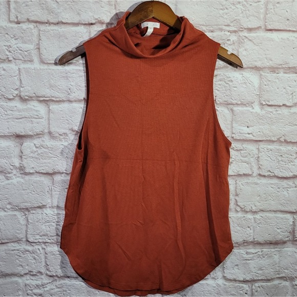 Leith Burnt Orange Sleeveless Shirred Mock Neck Blouse - Picture 1 of 9